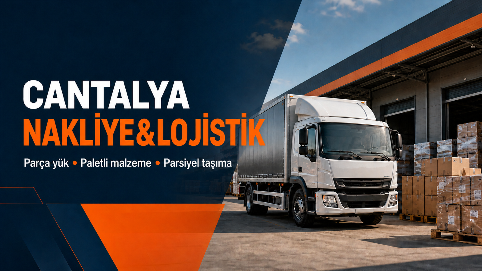 Cantalya Nakliye & Lojistik için paletli yüklerin yanında bekleyen ticari taşıma kamyonu